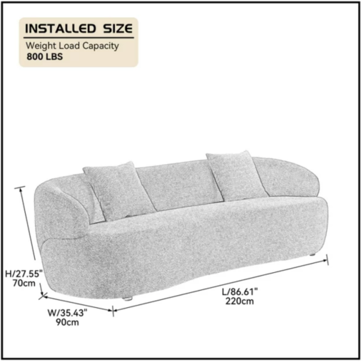 Dimensions of sofa - 35 wide, 27 tall and 86 inches long.